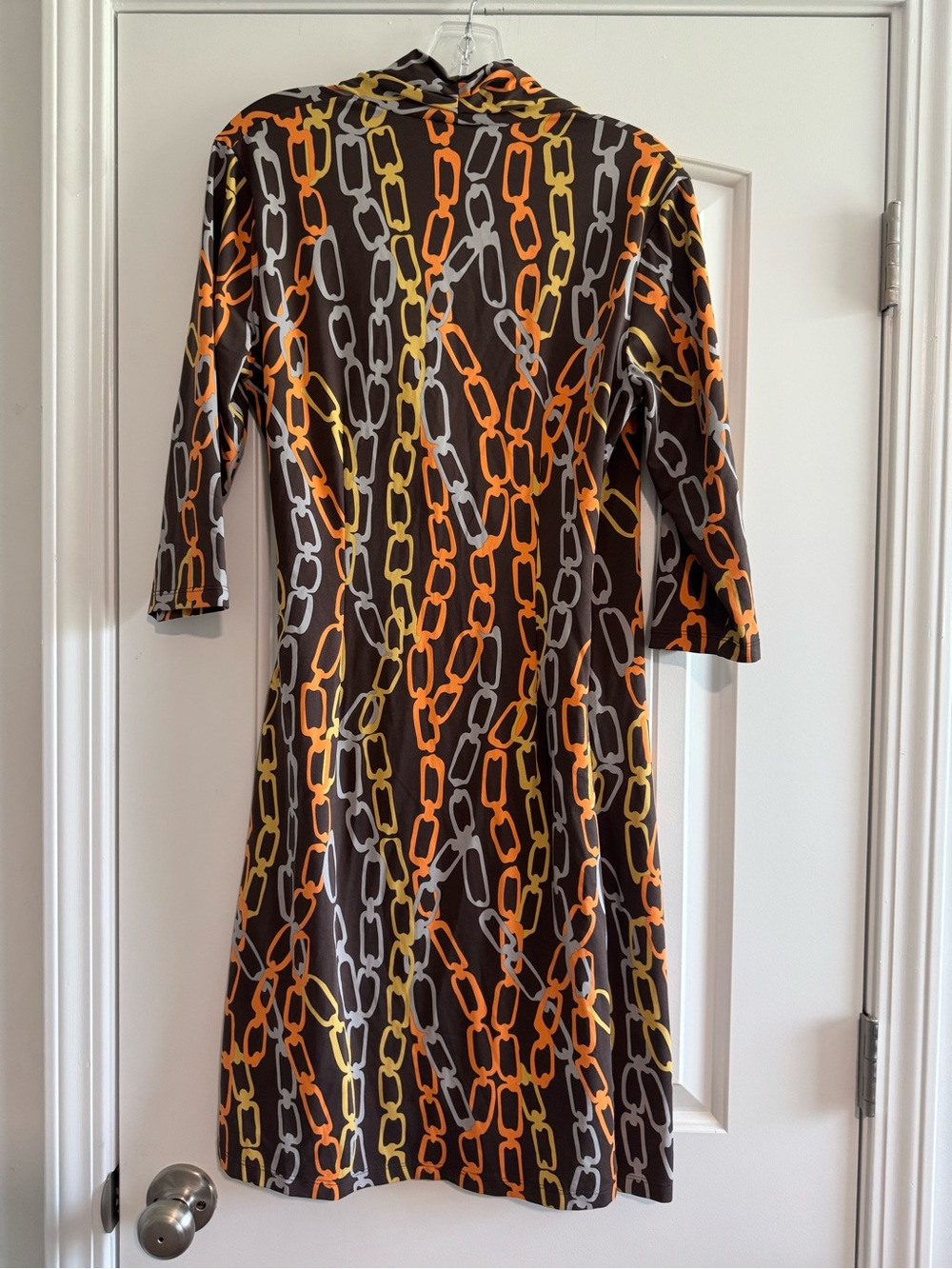 Chain-Link Print Wrap Dress in Orange, Yellow & Gray - Picture 2 of 4